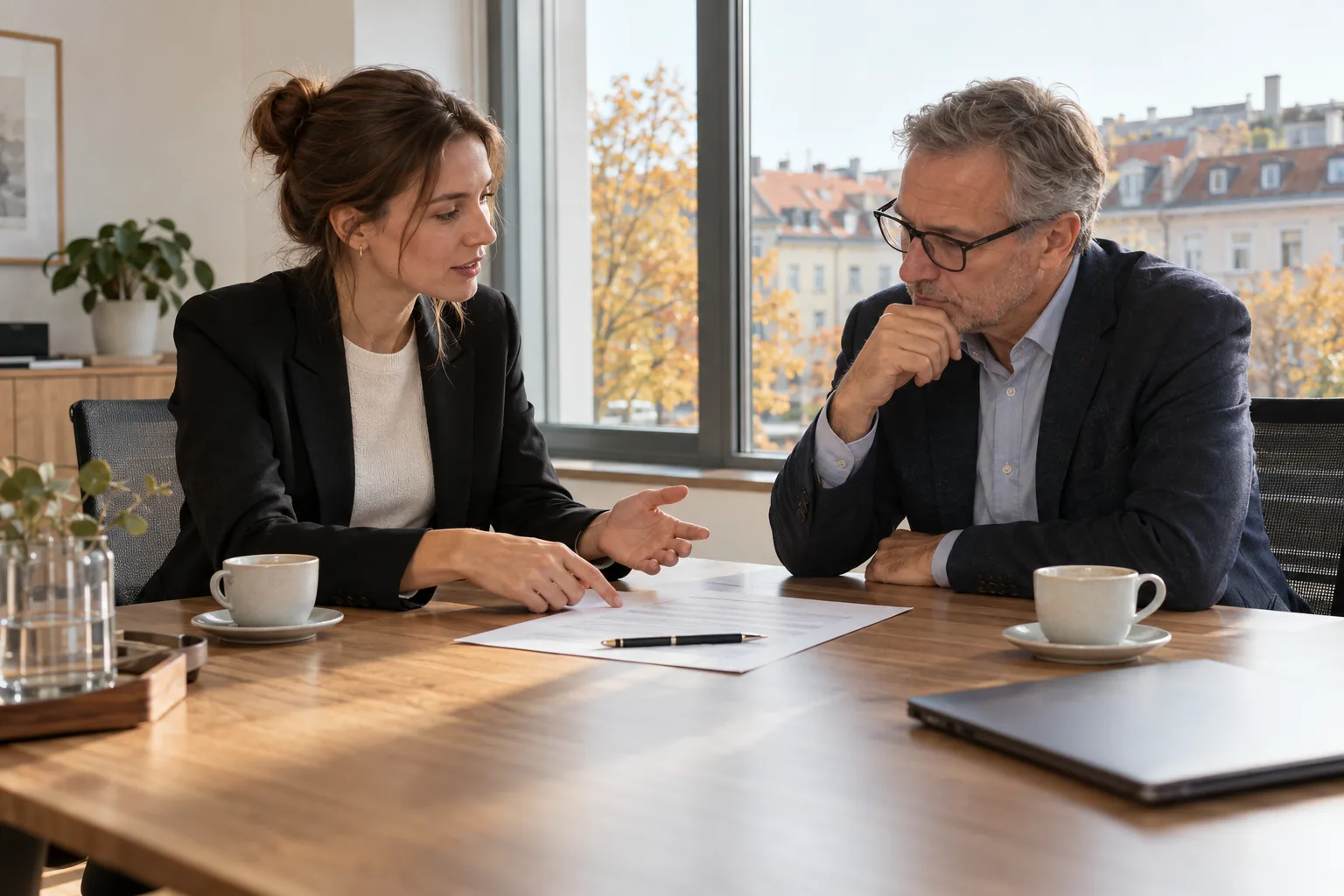 Mitarbeiterin und Vorgesetzter besprechen eine Vereinbarung vor der Unterschrift