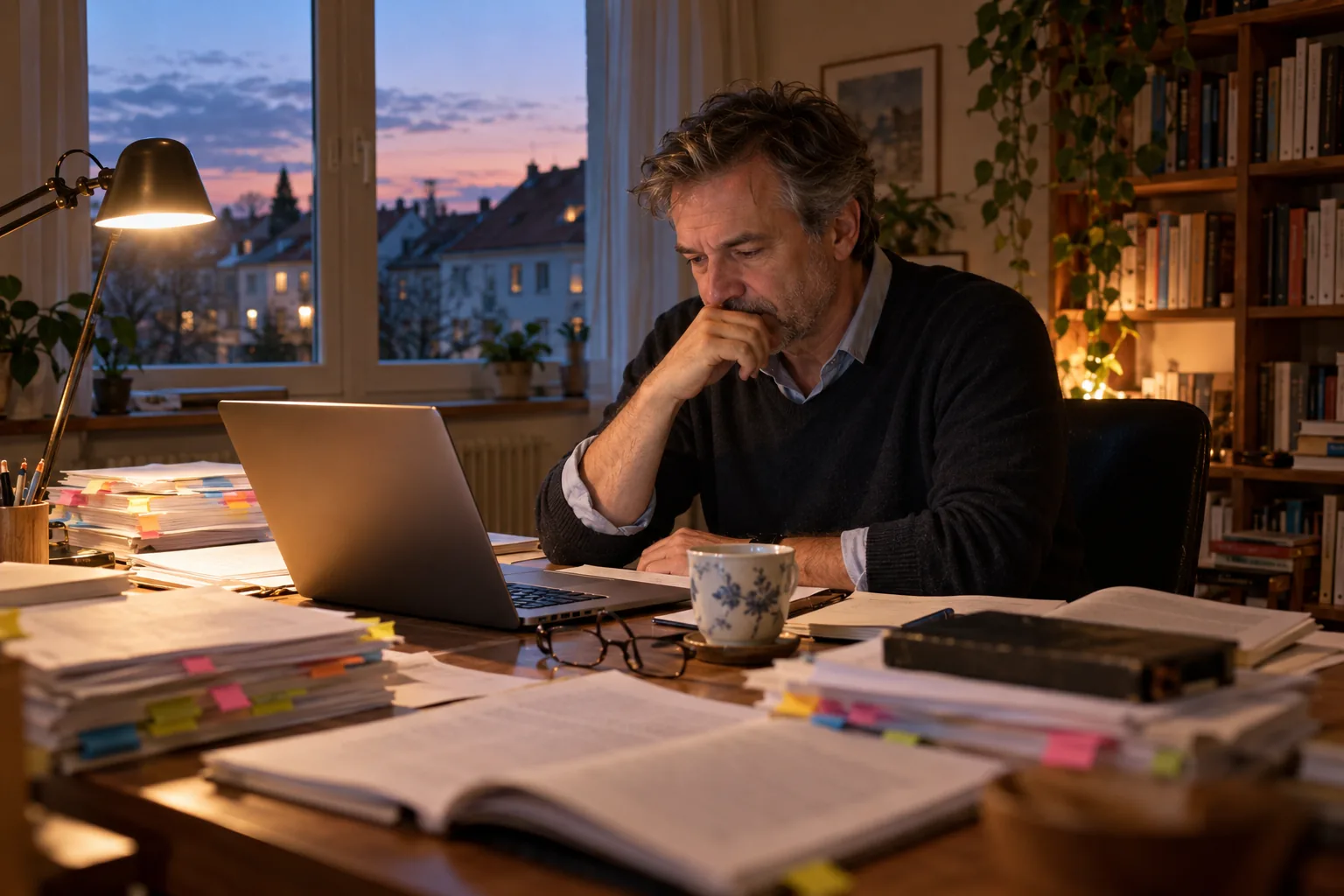 Führungskraft arbeitet abends an ihrer Dissertation, umgeben von Forschungsunterlagen