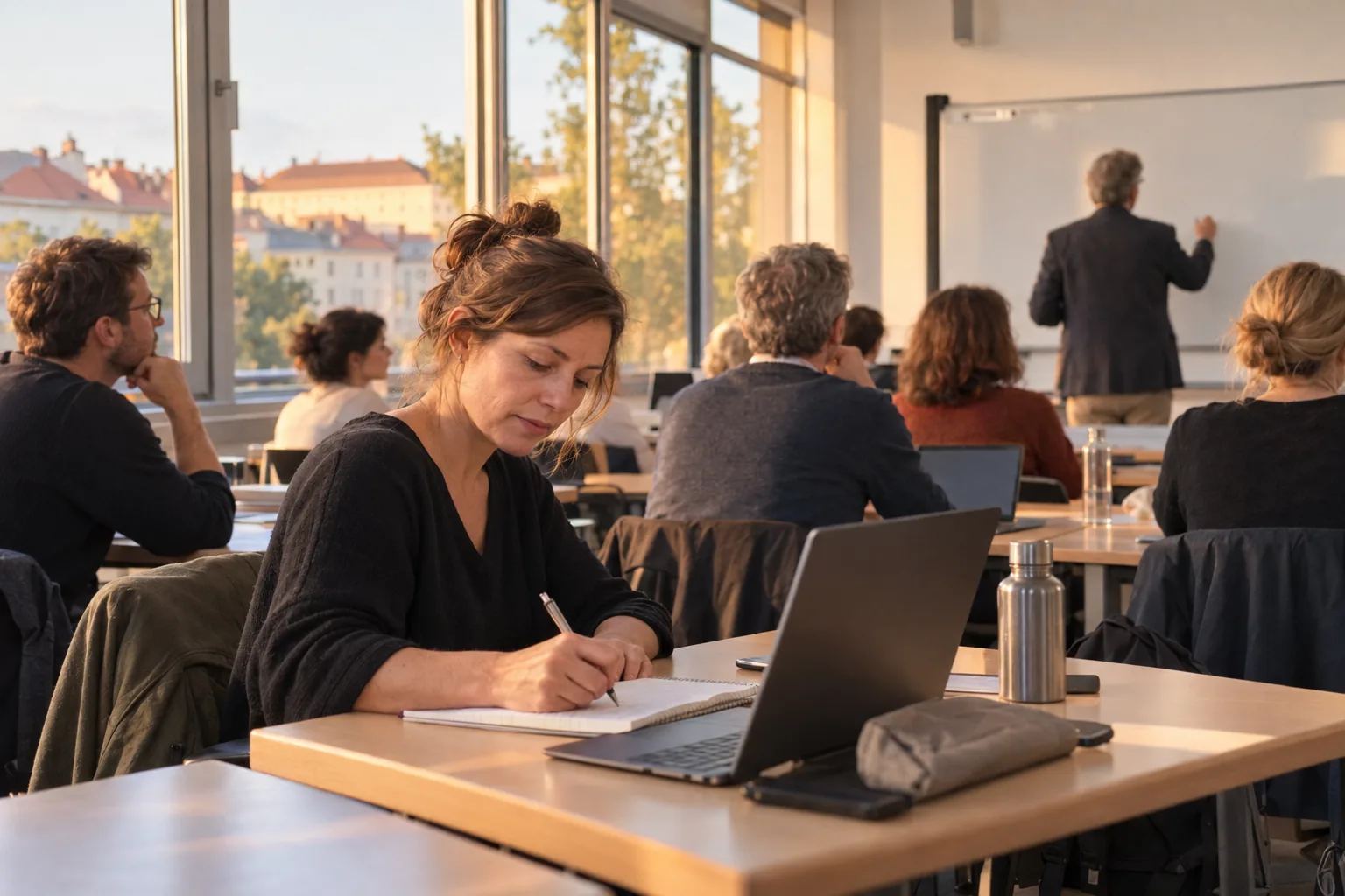 Berufstätige Frau macht sich Notizen in einem Abendseminar eines Universitätslehrgangs